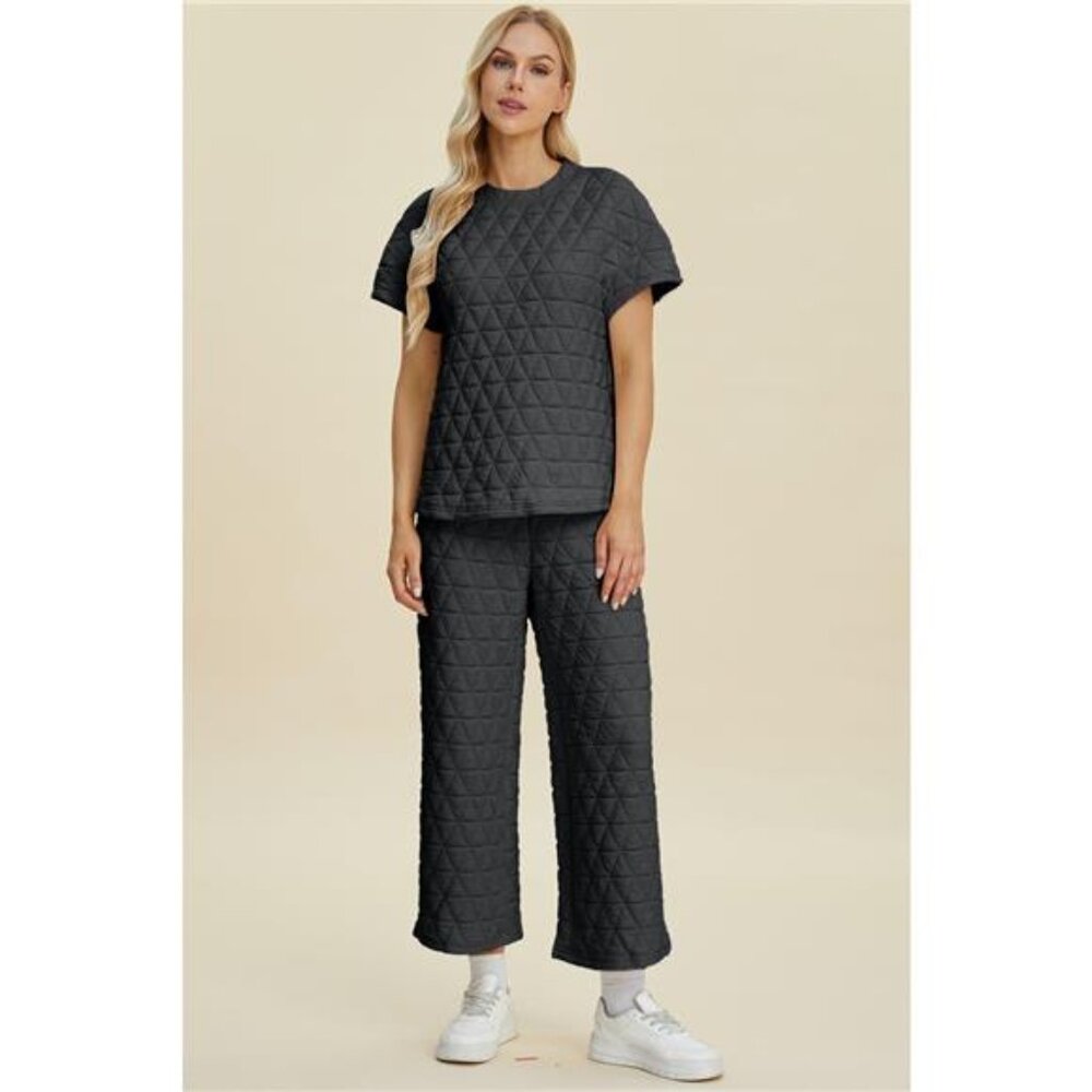 Double Take Full Size Texture Round Neck‎ Short Sleeve Top and Pants Set